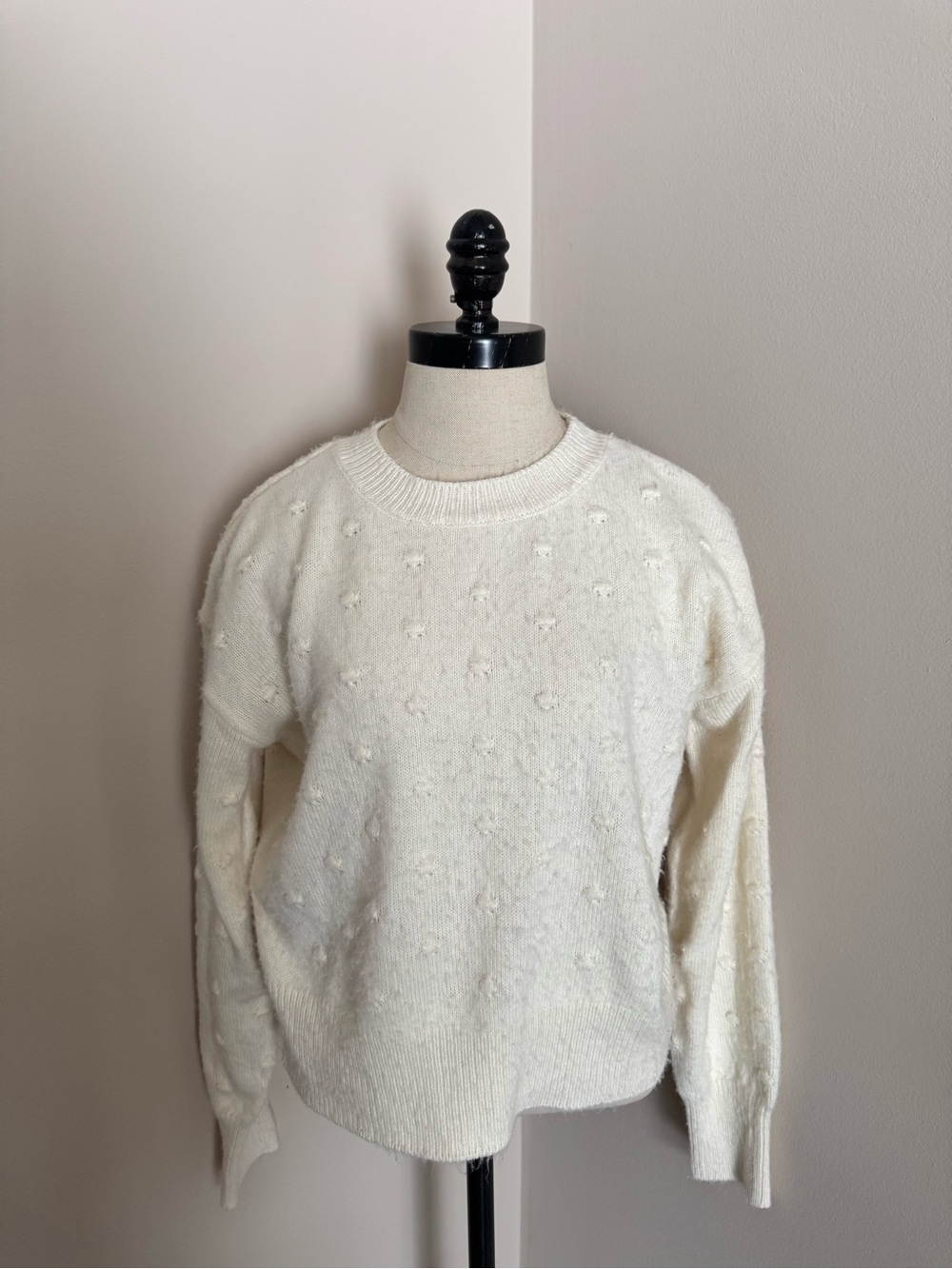 Women's Cream Crewneck Textured Dot Sweater